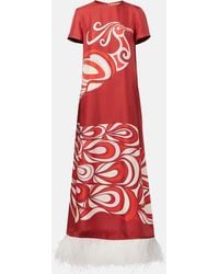 La DoubleJ - Swing Feather-Trimmed Silk Maxi Dress - Lyst