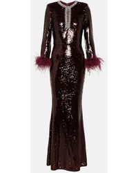 Self-Portrait - Feather-trimmed Sequined Maxi Dress - Lyst