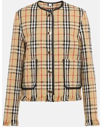 Burberry - Vintage Check Boucle Collarless Leather-trim Wool-blend Jacket - Lyst