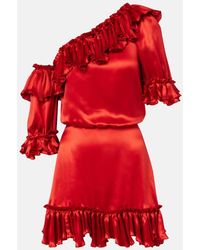 Saint Laurent - Vestido Corto Asimetrico De Saten De Seda Con Volantes - Lyst