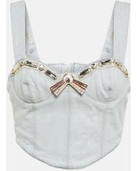 Area - Crystal-embellished Denim Crop Top - Lyst