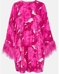 Valentino - Vestido corto de seda floral con plumas - Lyst