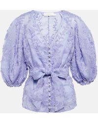 Zimmermann Exclusivo en Mytheresa - blusa de seda y lino - Azul