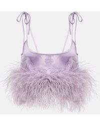 Miu Miu - Feather-Trimmed Logo Satin Crop Top - Lyst