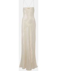 Miu Miu - Robe Longue En Soie Melangee A Logo - Lyst