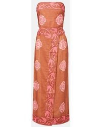 Johanna Ortiz - Embroidered Smocked Linen Midi Dress - Lyst
