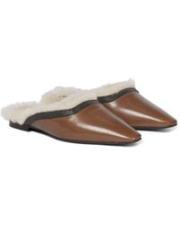 Brunello Cucinelli Leather And Shearling Slippers - Brown