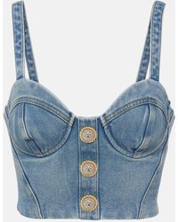 Balmain - Cropped-Bustier-Top Aus Denim - Lyst