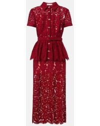Self-Portrait - Belted Peplum Lace Midi Dress - Lyst