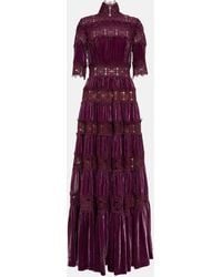 Costarellos Lissie Lace-trimmed Velvet Gown - Purple