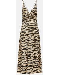 Ganni - Tiger-Print Satin Midi Dress - Lyst