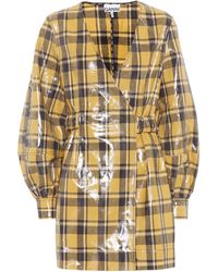 Ganni Kariertes Minikleid aus Baumwolle - Gelb