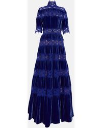 Costarellos Lissie Lace, Silk, And Velvet Gown - Blue