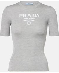 Prada - Logo Ribbed-Trim Silk T-Shirt - Lyst
