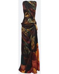Dries Van Noten - Printed Draped Silk Satin Gown - Lyst