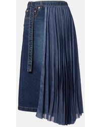 Sacai - Pleated Denim Midi Skirt - Lyst