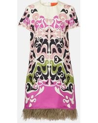 La DoubleJ - Vestido Corto Mini Swing De Seda Con Plumas - Lyst