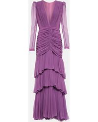 Costarellos Mila Ruched Tiered Silk Chiffon Gown - Purple