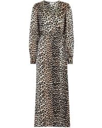 Ganni - Leopard-print Ruched Stretch-silk Midi Dress - Lyst