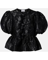 Ganni - Bow-Detail Floral Peplum Satin Blouse - Lyst