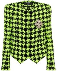 Balmain Embellished Houndstooth Tweed Jacket - Green