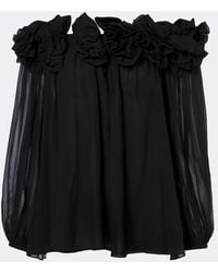 Carolina Herrera - Floral-Applique Gathered Silk Top - Lyst