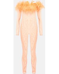 Oséree - Oseree Feather-trimmed Mesh Jumpsuit - Lyst