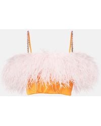 Self-Portrait - Feather-Trimmed Satin Crop Top - Lyst
