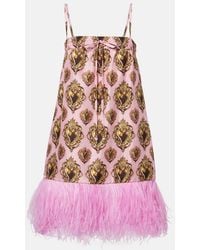 Dolce & Gabbana - Feather-Trimmed Printed Silk Minidress - Lyst
