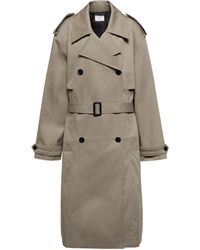 Ganni Neutral Double-breasted Twill Trench Coat in Natural Womens Clothing Coats Raincoats and trench coats 