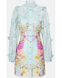 CAMILLA - Embellished Lace-Trimmed Linen And Silk Minidress - Lyst