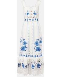 FARM Rio - Embroidered Linen-Blend Midi Dress - Lyst