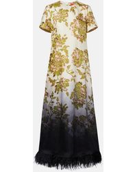La DoubleJ - Swing Feather-Trimmed Floral Silk Twill Maxi Dress - Lyst