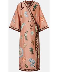 ALÉMAIS - Vestido Midi Envolvente En Mezcla De Lino Y Seda - Lyst