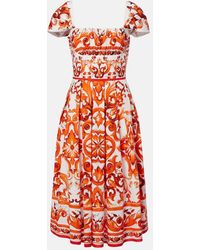 Dolce & Gabbana - Majolica Printed Cotton Poplin Midi Dress - Lyst