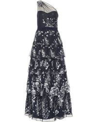 Marchesa notte Bestickte Robe mit Tüll - Blau