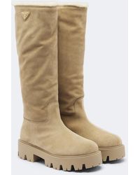 Prada - Shearling-Lined Suede Knee-High Boots - Lyst