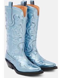 Ganni - Bestickte Westernstiefel Aus Metallic-Leder - Lyst