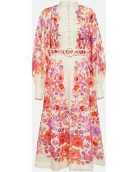 Zimmermann - 'raie Billow' Midi Dress In Linen With Floral Motif - Lyst