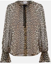 Ganni - Leopard-Print Tie-Neck Chiffon Blouse - Lyst