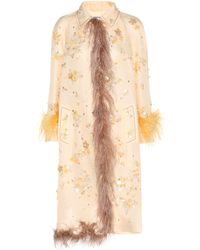 Prada Embellished Silk Coat With Feather Trim - Natural