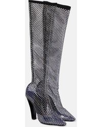 Saint Laurent - Suede-trimmed Crystal-embellished Fishnet Knee Boots - Lyst