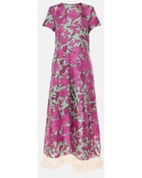 La DoubleJ - Swing Feather-trimmed Floral-print Silk-twill Maxi Dress - Lyst