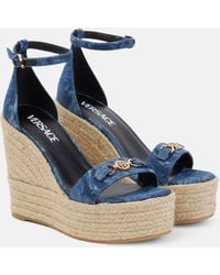 Versace - Denim Barocco Wedge Sandals - Lyst