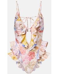 Zimmermann - Como Floral Ruffled Swimsuit - Lyst