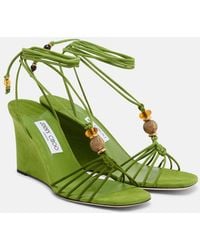 Jimmy Choo - Lola Embellished Suede Wedge Sandals - Lyst