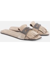 Brunello Cucinelli - Fringed Suede Slippers - Lyst