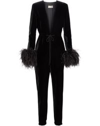 Saint Laurent Feather-trimmed Velvet Jumpsuit - Black