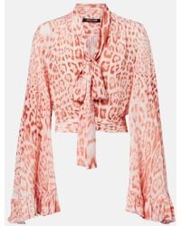 Roberto Cavalli - Leopard-Print Tie-Neck Jersey Blouse - Lyst