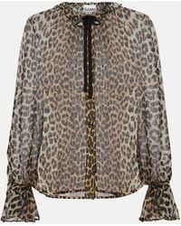Ganni - Leopard-Print Tie-Neck Chiffon Blouse - Lyst